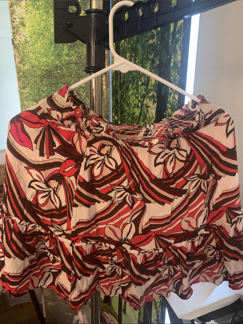 Anthropologie Floral Print Tiered Mini Skirt in Red, Brown, White
